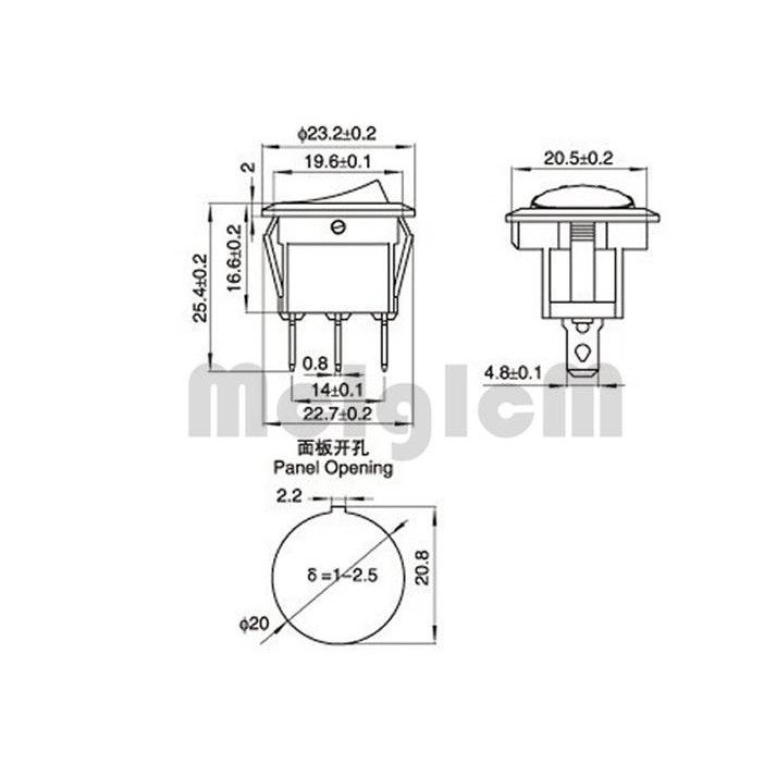 Bộ 5 công tắc Rocker mini 3 chân 6A 250V / 10A 125V hình tròn màu đen có đèn đỏ 20mm