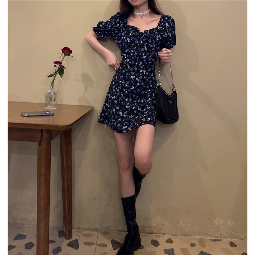 Đầm hoa đen retro DD079