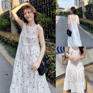 Đầm maxi thô đuôi cá hoạ tiết chấm bi hàng đẹp chất mềm