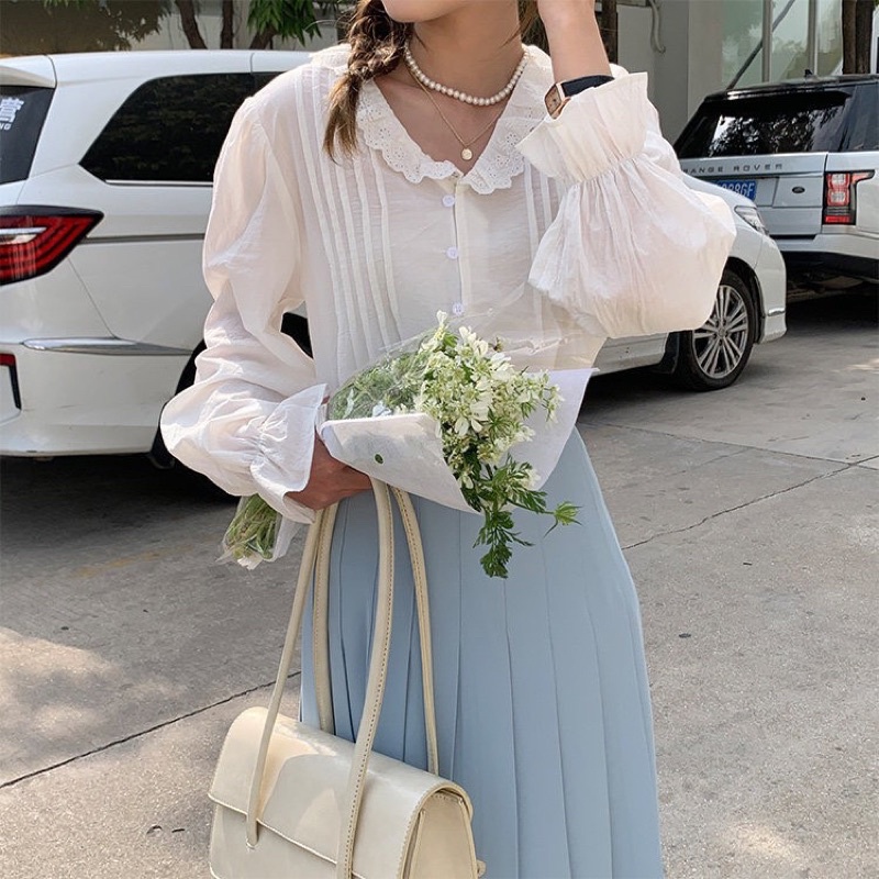 SET ÁO TRẮNG SƠ MI XẾP LY TAY LOE CHUN + CHÂN VÁY XANH MIDI