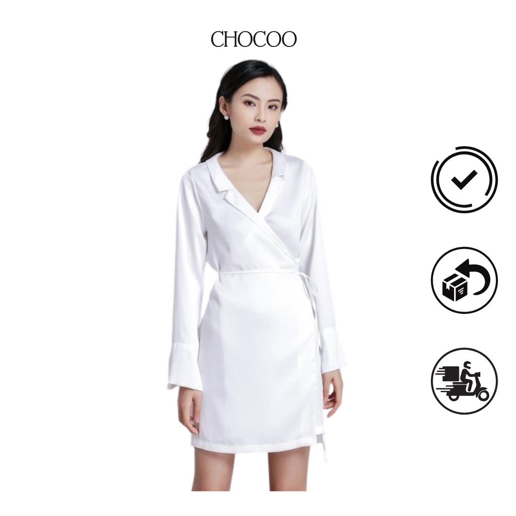 Đầm thiết kế CHOCOO Bengali Dress dài tay cổ vest màu trắng lụa băng công sở thắt eo tôn dáng