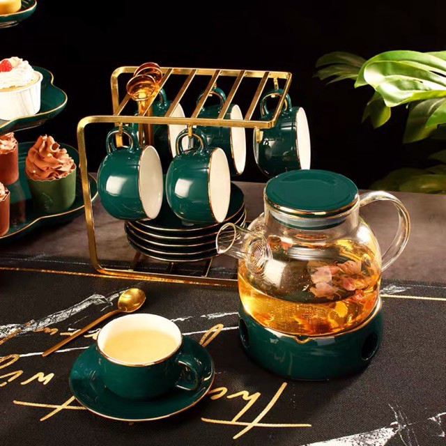 Bộ ấm chén pha trà sứ xanh cao cấp, kèm khay đựng bánh kẹo 3 tầng, thích hợp sử dụng trong các buổi tiệc trà, ngày tết