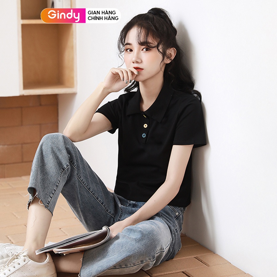 Áo polo nữ dáng lửng tay ngắn chất cotton GINDY basic 2 màu đen, trắng thời trang nữ mặc đi làm đi học đi chơi A8110