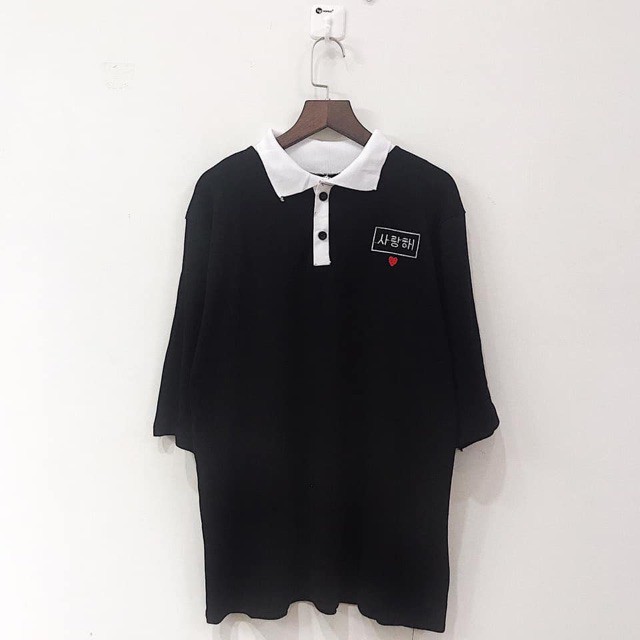 Áo polo thêu chữ hàn Quốc 사랑해 - Salanghae cổ bẻ bo rệt unisex nam nữ siêu hot | BigBuy360 - bigbuy360.vn