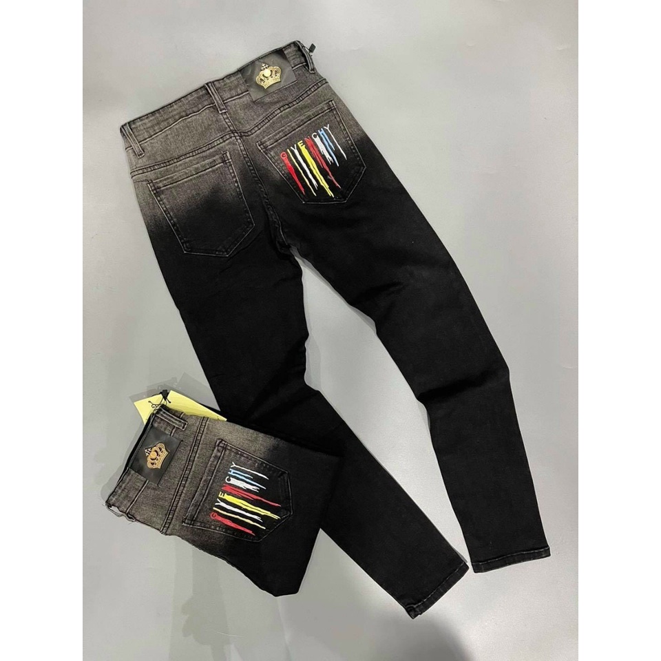 Quần jean nam đen chất bò rách gối co giãn cao cấp in BBR vải dày AHFASHION