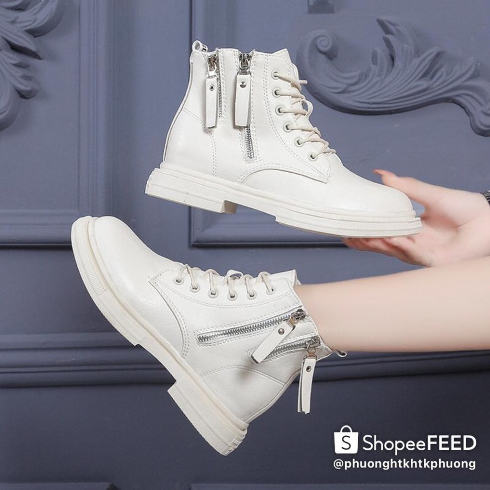 Giày Boots Nữ, Boots Nữ Cổ Thấp 3cm  Hai Khóa Hot Hit Siêu Đẹp Hai Màu Đen Kem Minhtushoes Giày Nữ Cao cấp