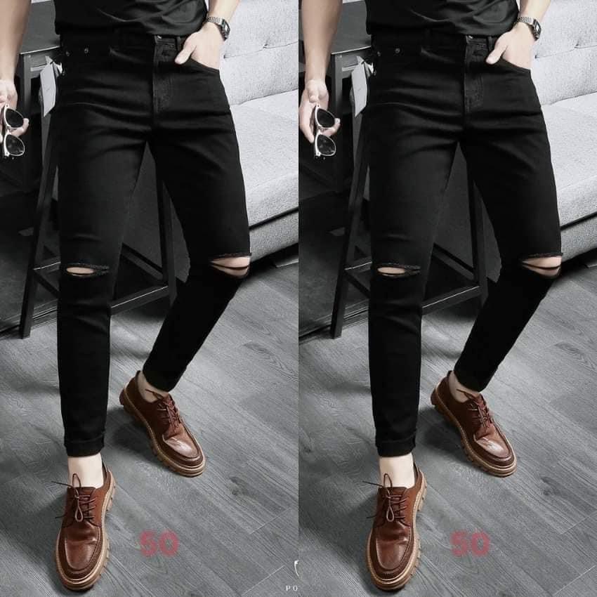 Quần Bò Jean Nam Đen Trơn&amp;Rách Gối Cực Đẹp