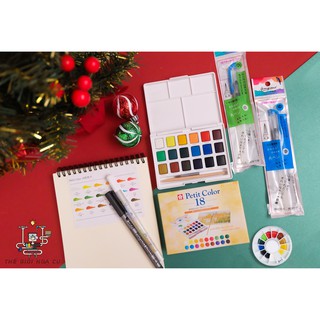 Combo màu Petit Color + Sổ Sketchbook Canson A5 + 2 Cọ nước Giorgione thân dài + Bút line + Bút trắng ( Tặng set Koi 12