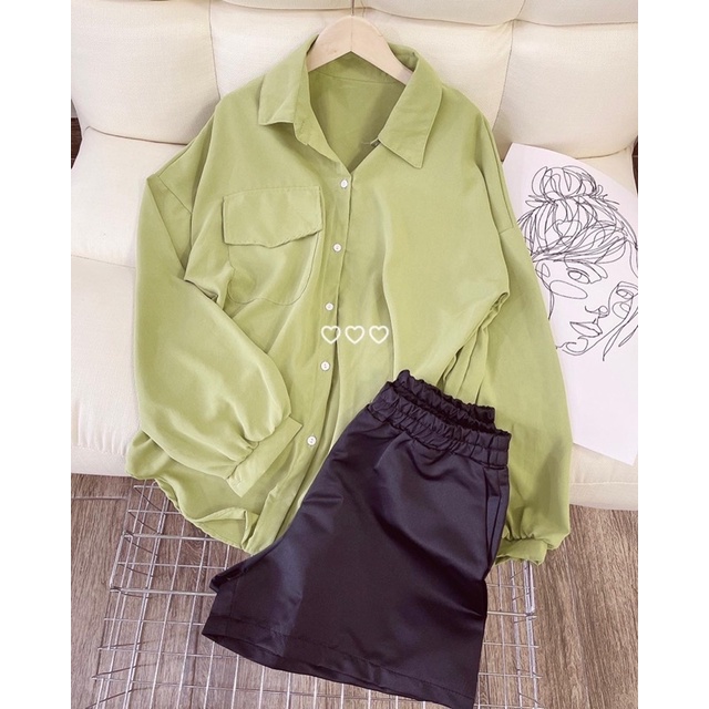 [ BIGSIZE ] SET SƠ MI XANH BƠ + QUẦN ĐEN