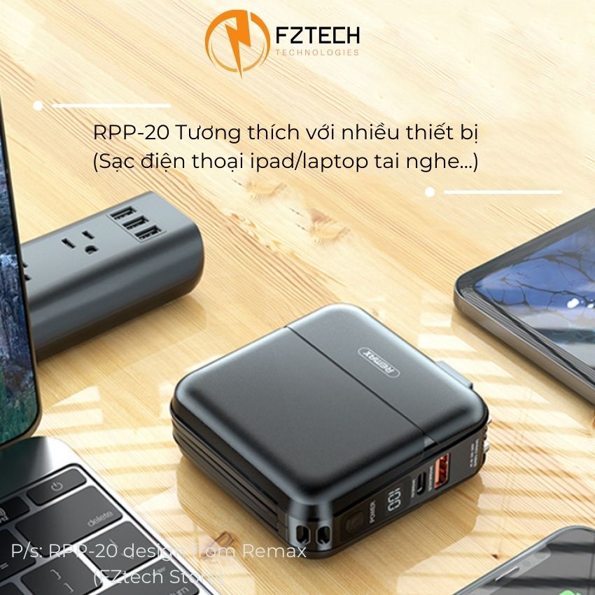 Pin sạc dự phòng đa năng 1500mAh Remax RPP-20 FZTECH Sạc dự phòng kèm củ sạc nhanh 2 dây sạc Lightning và type C 18w