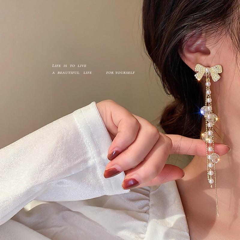 Bông Tai Mạ Bạc 925 Dáng Dài Phối Nơ Đính Ngọc Trai Sang Trọng