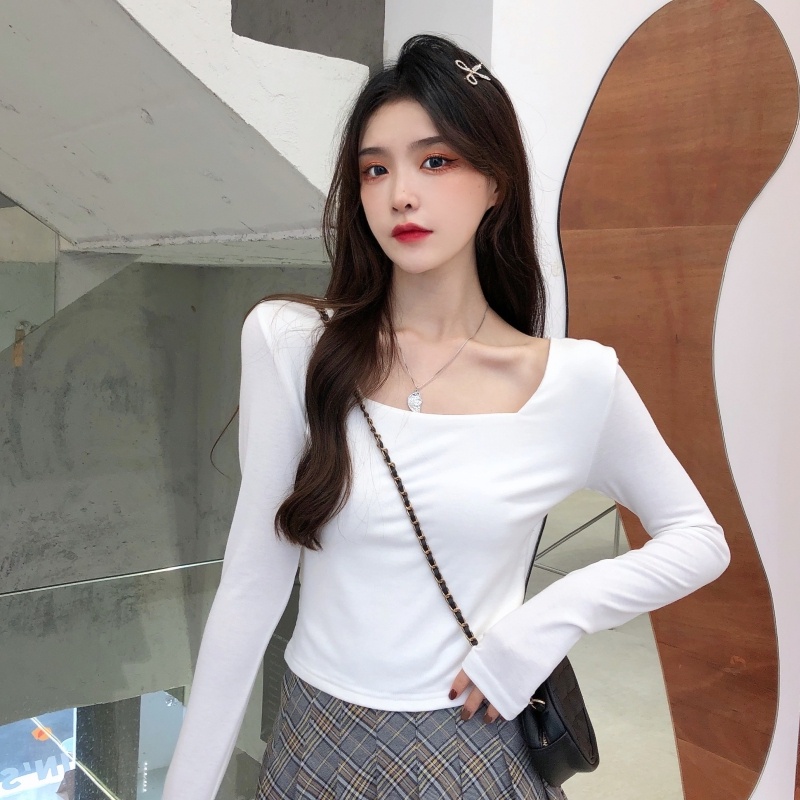 ZHELIHANGFEI Áo Thun Tay Dài Cổ Vuông Form Ôm Kiểu Dáng Quyến Rũ