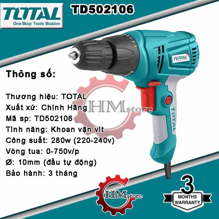 [Chính hãng] Máy khoan vặn vít cầm tay Total TD502106 - Khoan vặn vít 10mm 280w