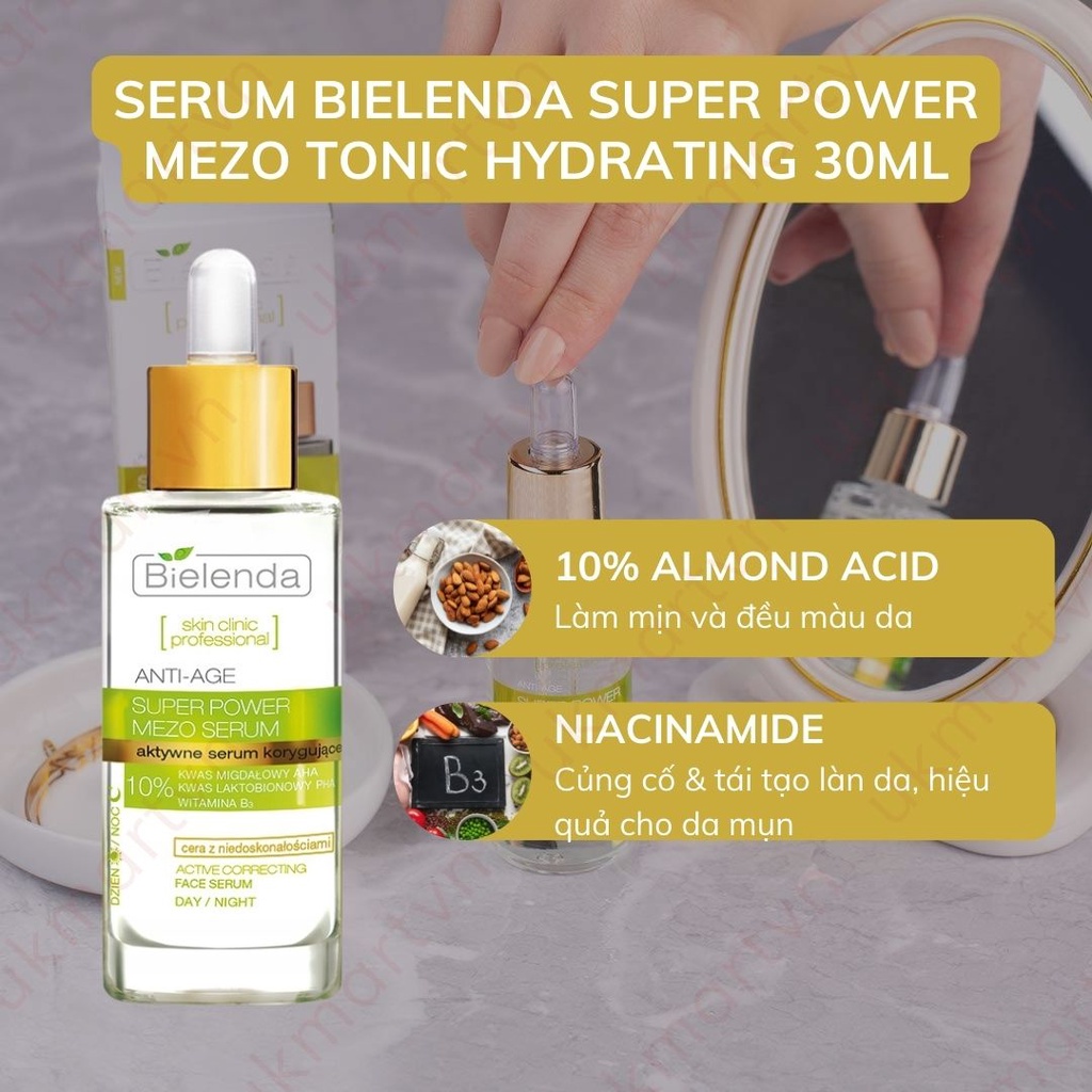 Serum Bielenda Super Power Mezo Skin Clinic Moisturizing 30ml Cấp Nước Dưỡng Ẩm Giảm Mụn Căng Bóng Mờ Thâm Trẻ Hóa Da