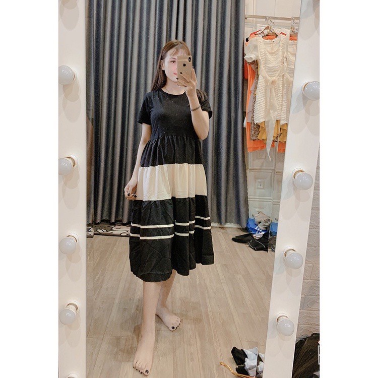 Váy Bầu coton cao cấp ❤️100%coton thấm hút mồ hôi❤️có 2 màu phối trắng siêu đẹp ❤️freesize 45kg-68kg VB45