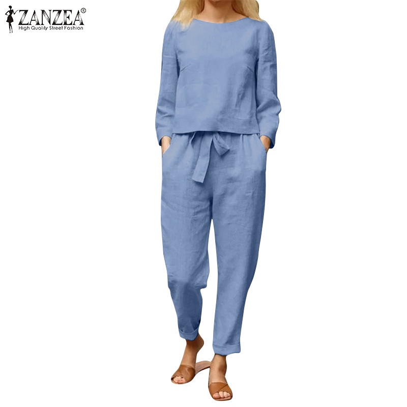 Bộ Đồ Zanzea Gồm Áo Tay Dài Cổ Tròn Phối Quần Dài Buộc Dây Có Túi Hai Bên Màu Trơn Thời Trang Cho Nữ