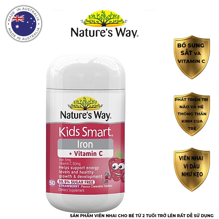 [Hàng chuẩn Úc] Viên nhai bổ sung sắt và vitamin C cho bé Nature's way kids smart iron + vitamin c chewables 50 viên