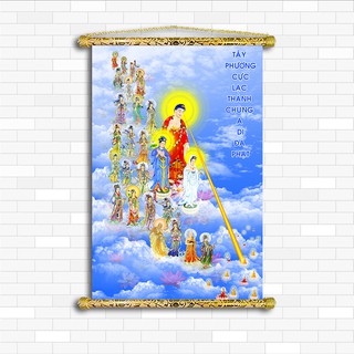 Tranh Liễn Phật Giáo - Tây Phương Tiếp Dẫn, Nhiều mẫu lựa chọn, vải canvas nẹp sáo gỗ Kích thước 40 cm x 60 cm