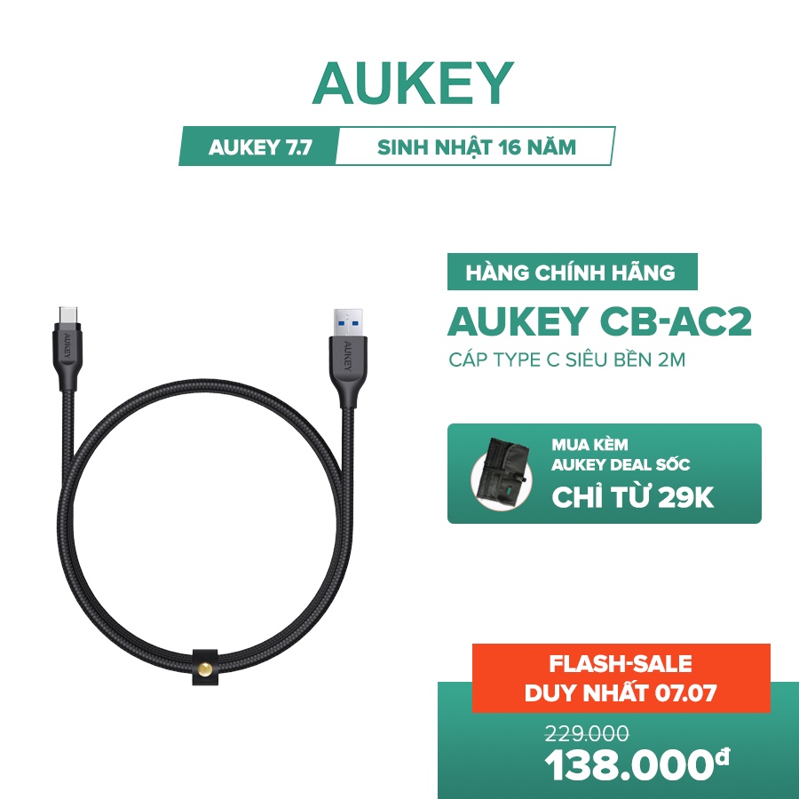 Cáp Sạc Type-C Aukey CB-AC2 Siêu Bền Siêu Bền Dài 2 Mét Chống Rối Toàn Diện