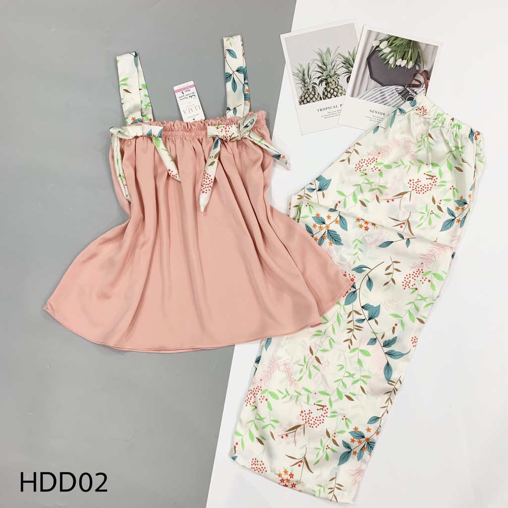 Pijama Đồ Bộ Đồ mặc nhà Đồ ngủ sleepwear Hai dây thắt nơ dễ thương quần dài lụa satin cao cấp mặc mùa hè
