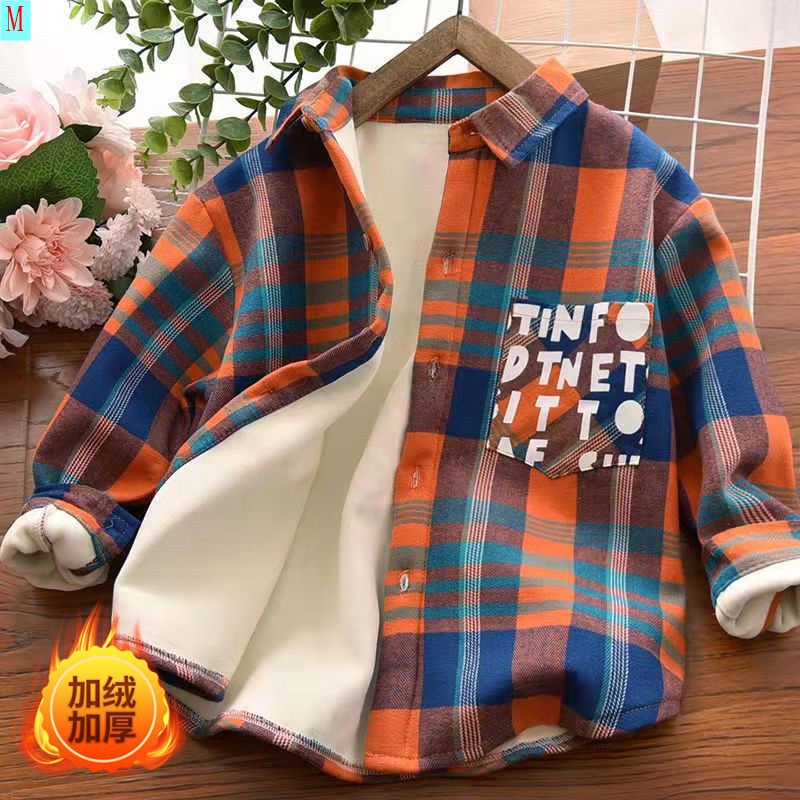 Áo sơ mi tay dài phối nhung thời trang thu đông mới cho bé trai 2021