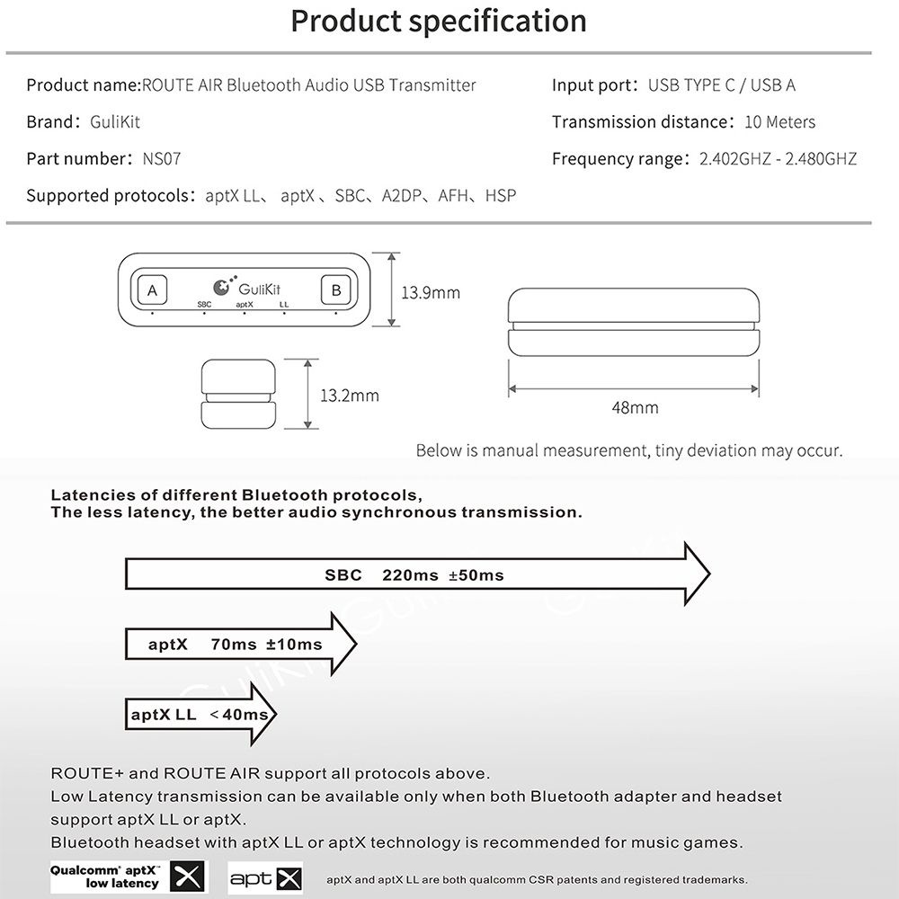 CHINK Mini Bluetooth Adapter Wireless USB Type-C Dongle Gulikit Route Air Low Latency Earphone Receiver APTX LL Supported Audio Transmitter