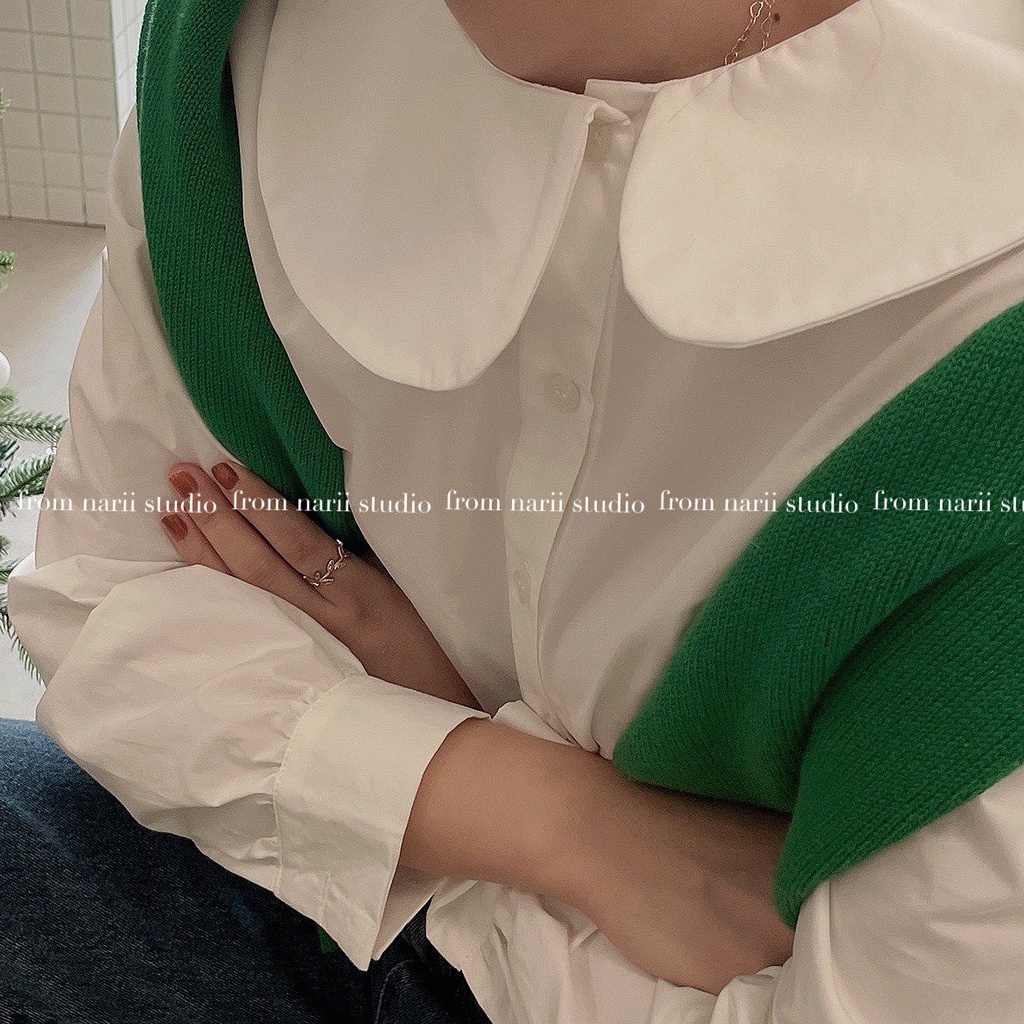 Áo sơ mi nữ kiểu tay dài NARII áo babydoll trắng Hàn Quốc cổ sen lệch