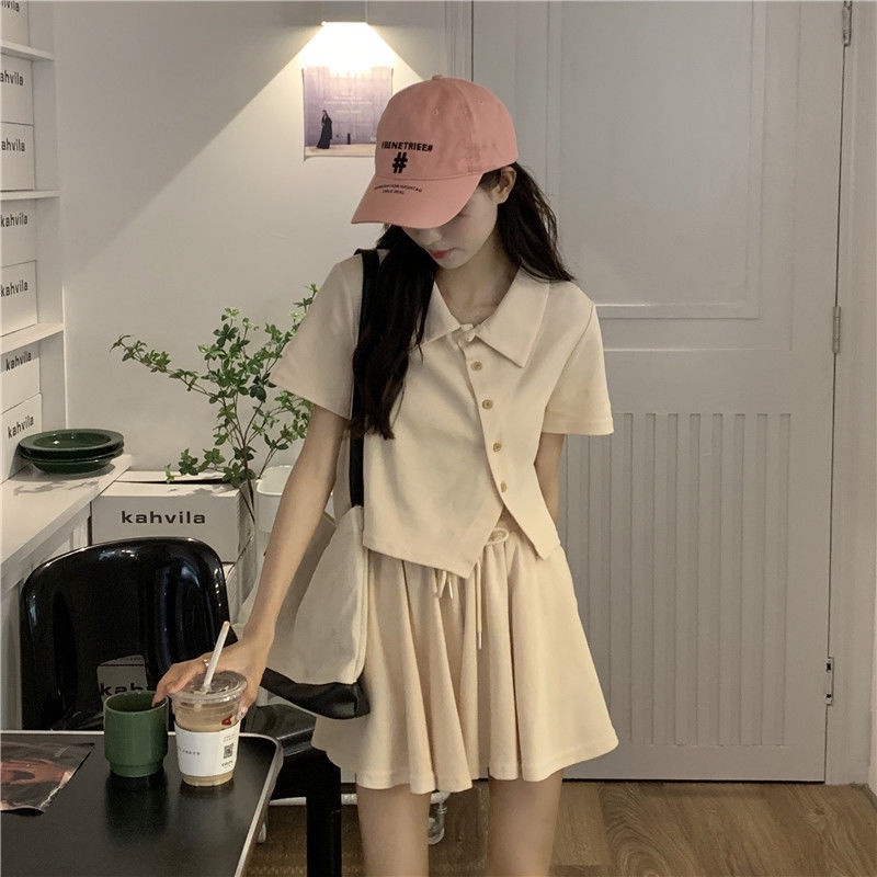 Bộ Áo Thun Polo Ngắn Tay + Chân Váy Lệch Tà Thời Trang Mùa Hè 2022 Mới