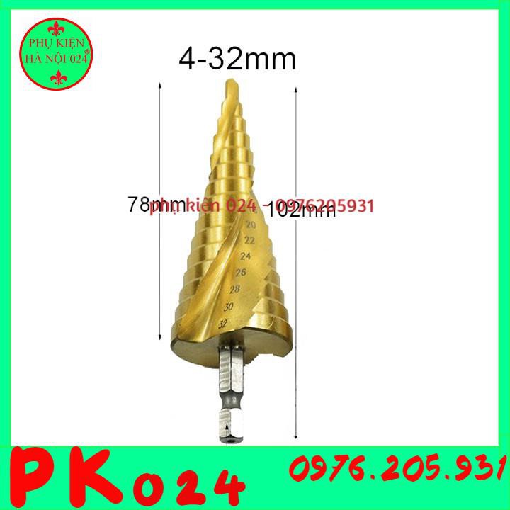 Mũi Khoan Tầng 4-32mm Mạ Titan Rãnh Xoắn Chuôi Lục Giác