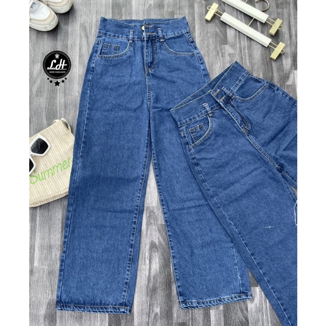 Quần jean ống rộng nữ cạp siêu cao 2 nút
