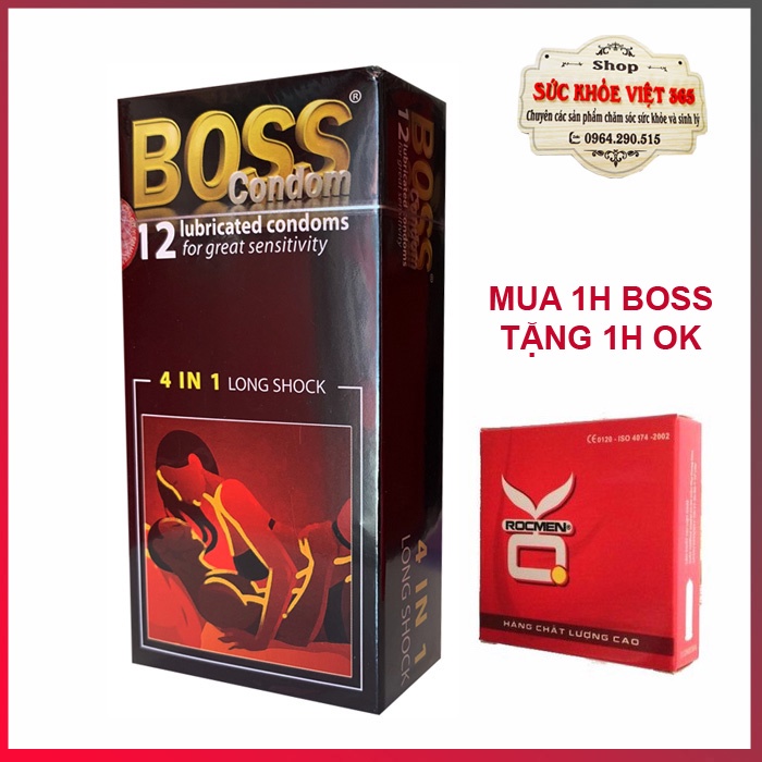 Bao cao su BCS Boss 4 in 1 kéo dài thời gian hiệu quả, gân gai có eo thắt chống tuột (hộp12 cái)
