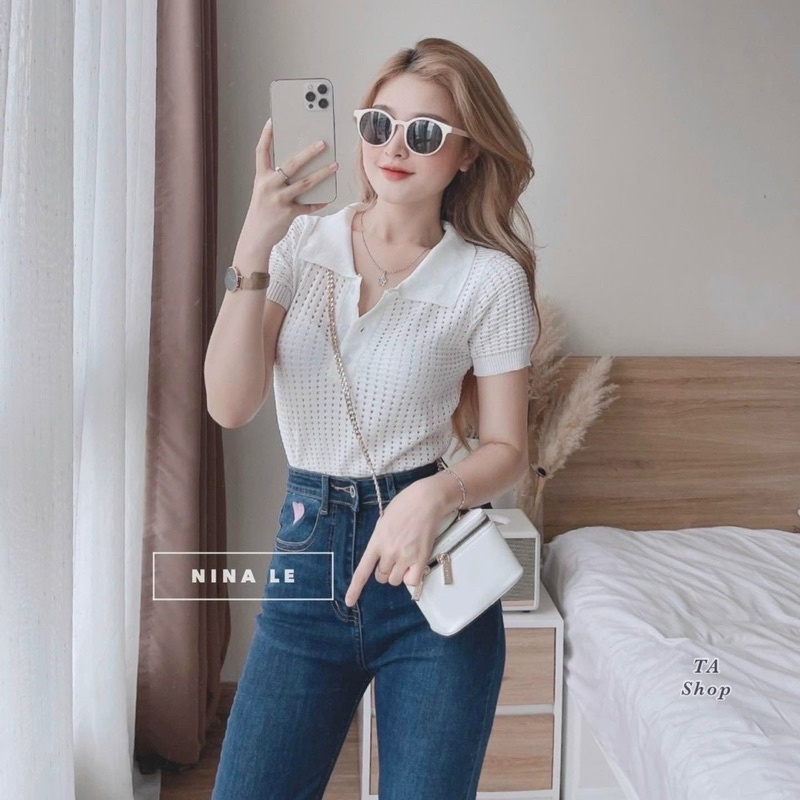 Áo len lỗ cổ đức bo gấu màu trắng duy nhất, dáng áo len polo