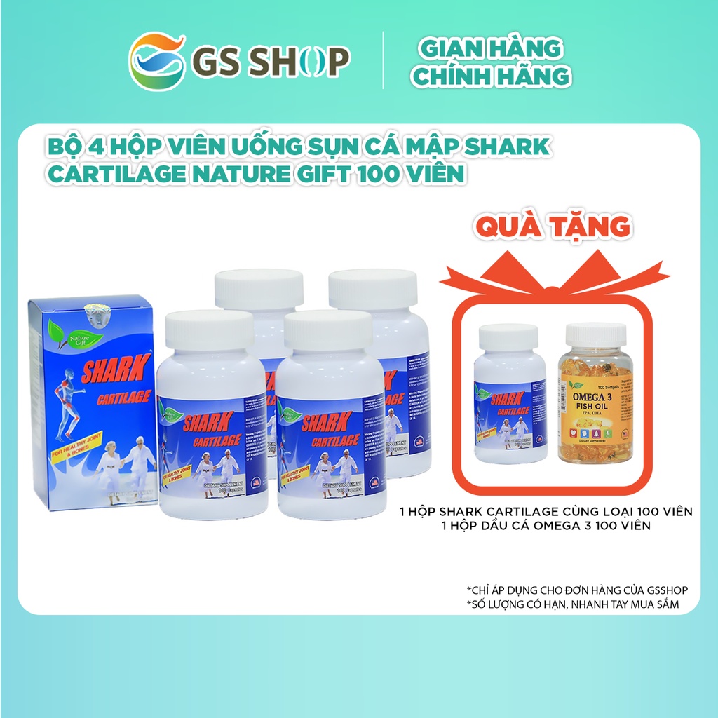 Bộ 4 Hộp Viên Uống Sụn Cá Mập Shark Cartilage Nature Gift 100 viên Kèm theo quà tặng