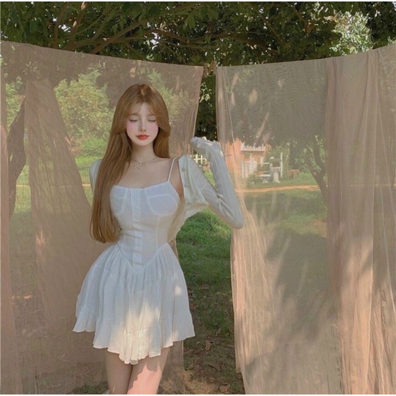 Đầm Hai Dây Đuôi Cá Kèm Áo Khoác 🦋FREESHIP🦋Váy 2 Dây Bồng Siêu Xinhh