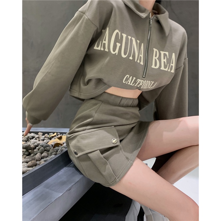 Bộ Áo Sweater Tay Dài Khóa Kéo Nửa In Chữ + Chân Váy Lưng Cao Thời Trang Mùa Thu Phong Cách Hàn Quốc Cho Nữ