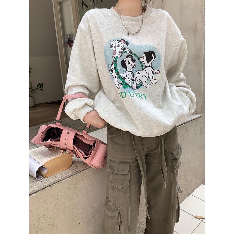 Áo Nỉ Dài Tay Cổ Tròn Form Rộng In Hình Cún Phong Cách Retro