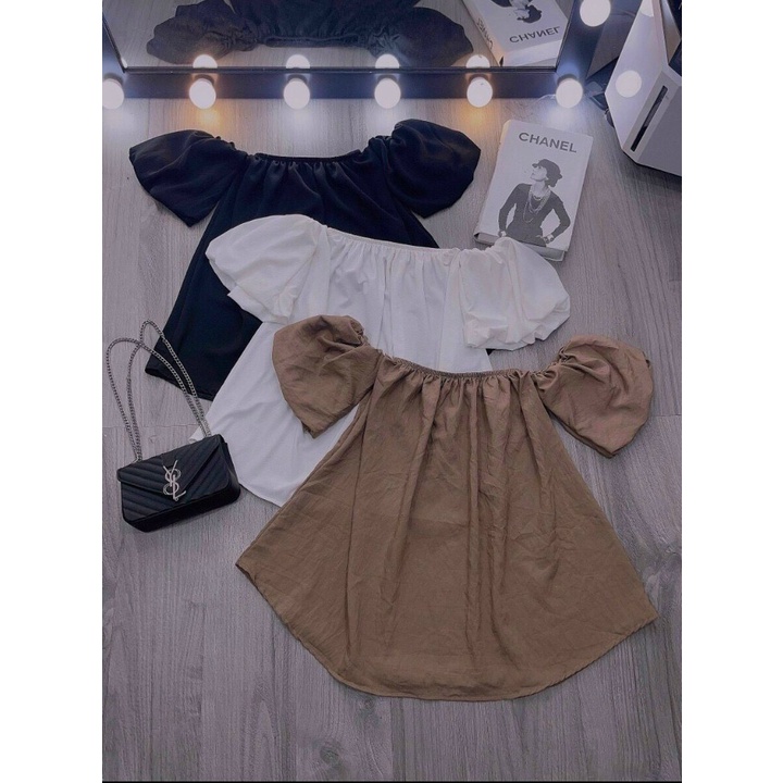 Áo bẹt vai tay phồng chất kate lụa dày dặn mềm mại có ảnh thật chính chủ