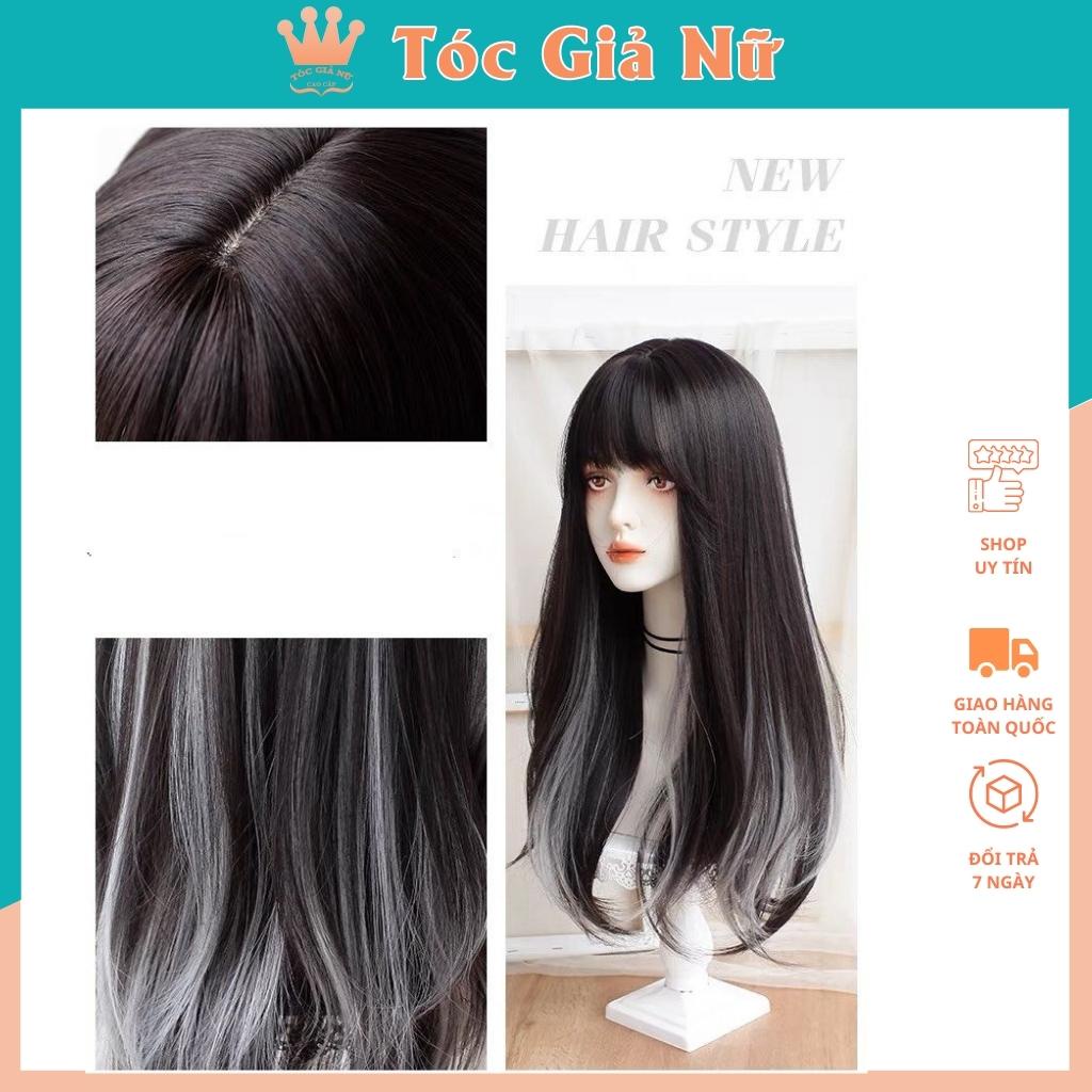Tóc giả nữ nguyên đầu thẳng cúp dài màu đen phối line xám, tăng lưới trùm tóc.