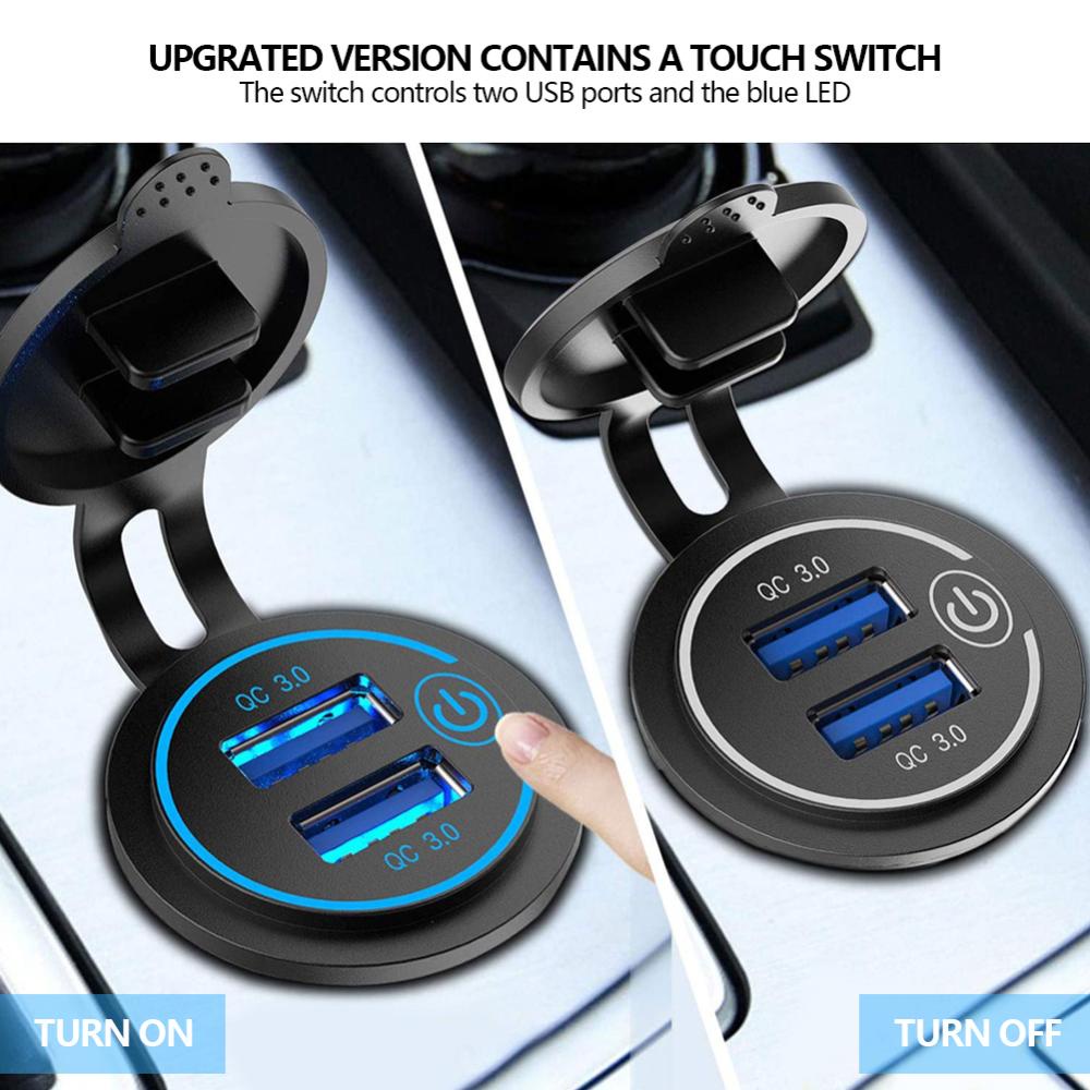 Cốc Sạc Nhanh QC3.0 2 Cổng USB 12V/24V Sang 5V Chống Nước Có Công Tắc Cảm Ứng Cho Xe Hơi F5X2