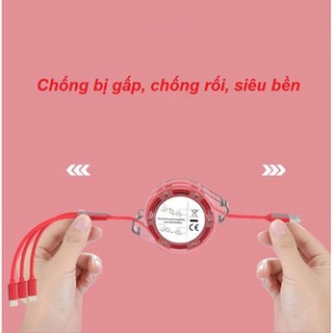 Cáp sạc 3 đầu đa năng hỗ trợ sạc nhanh, dây sạc cuộn tròn tích hợp nhiều dòng điện thoại chống rối dài 1m Angola Bobstor