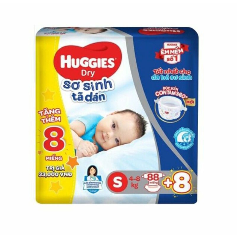 (tặng 8 miếng) tả dán sơ sinh huggies size S88 miếng