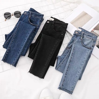 Quần bò jeans ôm đen - xanh cạp cao co dãn tua gấu
