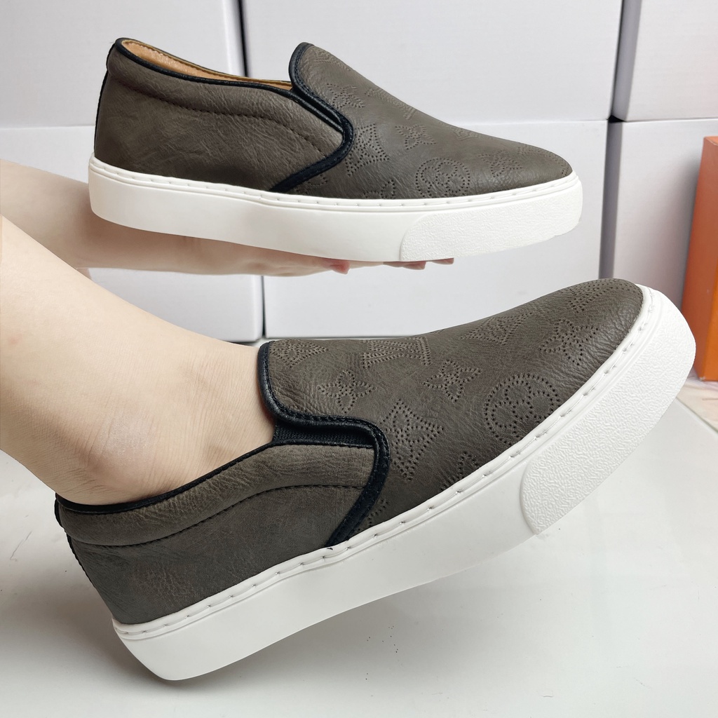 FULLBOX Giày lười Slipon lv. Giày Lười Nam Da Bò Màu Xám