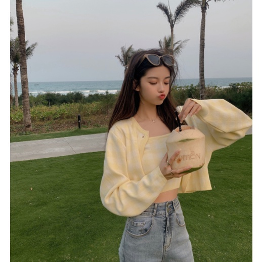 QKOOLE  Bộ áo khoác cardigan + áo ghi lê ngắn quyến rũ cho nữ