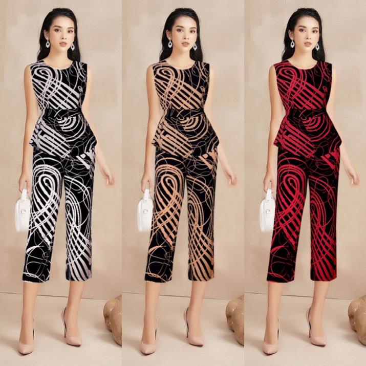 Set Nguyên Bộ Áo Peplum Sát Nách Quần Lửng Họa Tiết Xinh Xắn Mã EKE - J1033
