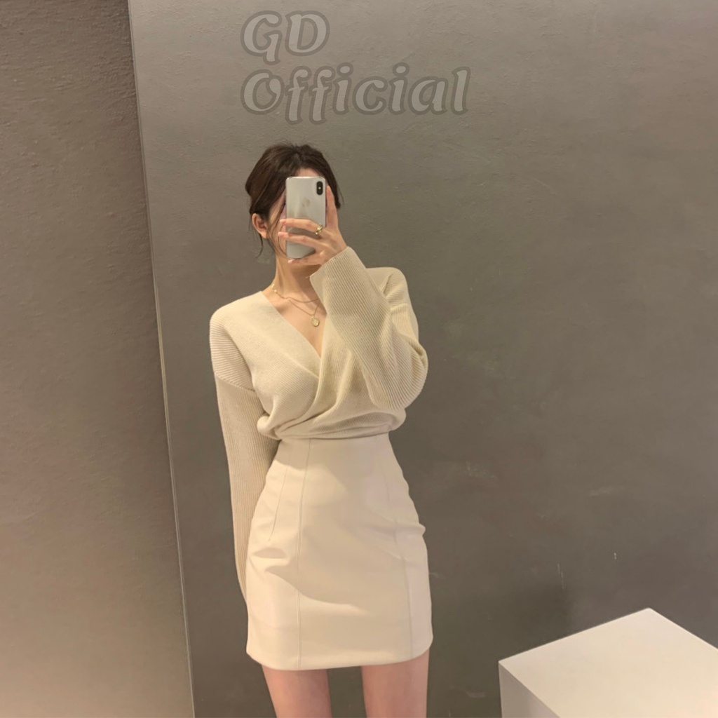 L8|Áo len dệt kim nữ cổ chữ V chéo vạt lộ xương quai xanh dài tay dáng rộng trơn màu trắng, đen, xanh, hồng GD Official