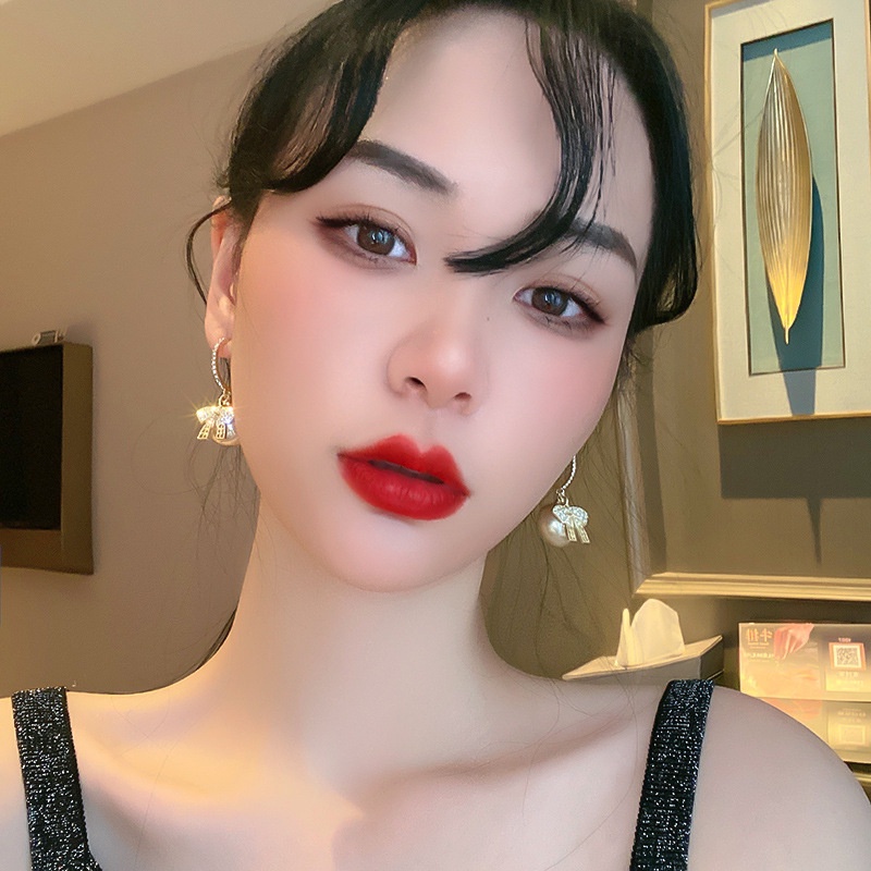 Bông Tai Hình Nơ Đính Ngọc Trai Đơn Giản Hàng Mới Dành Cho Bạn Nữ