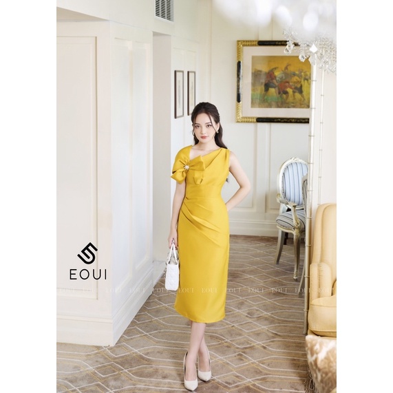 Đầm dự tiệc EOUI cổ phối nơ, chất tafta cao cấp, phong cách sang trọng