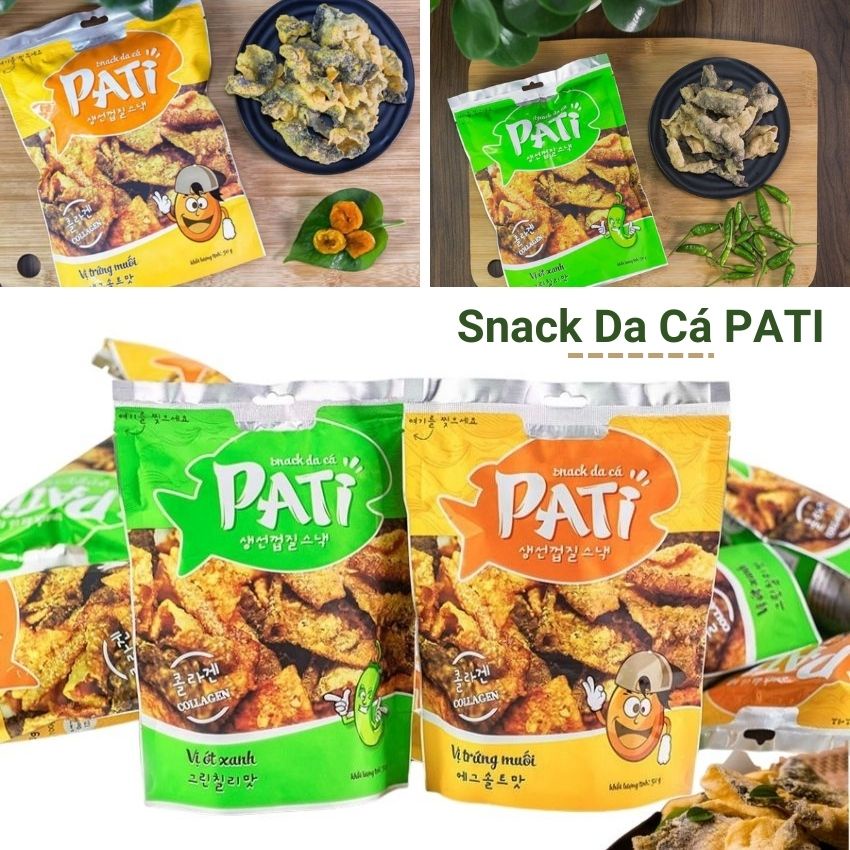 Snack da cá sấy khô Pati 2 vị trứng muối và ớt xanh 50g thơm giòn đậm vị tốt sức khỏe đạt chuẩn an toàn thực phẩm Angola