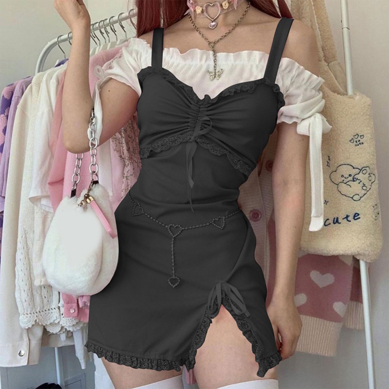 Brroa Đầm Mini Ôm Dáng Không Tay Phối Ren Và Dây Rút Phong Cách Harajuku Ngọt Ngào Mùa Hè Cho Nữ